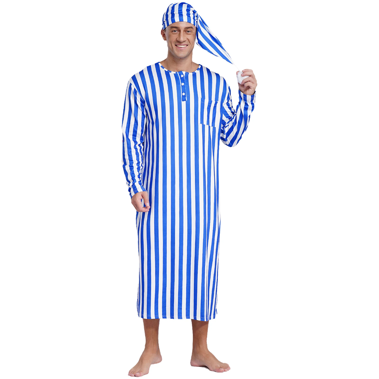 Männer Weiche Lose Nachtwäsche Robe Nachthemd Casual Gestreiften Gedruckt Langarm Lange Robe Nachthemden mit Schlafen Kappe Pyjama Set