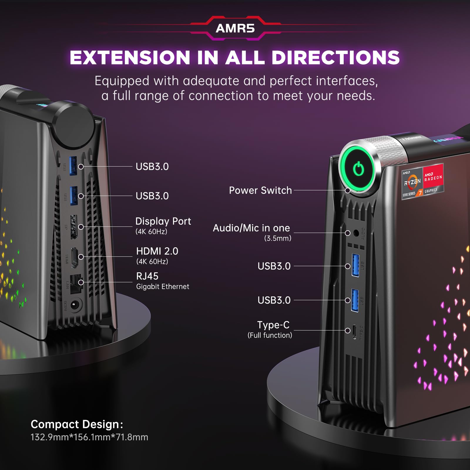 ACEMAGIC AMR5 Mini PC Gaming AMD Ryzen 7 5700U RAM 16/32GB DDR4 512GB/1TB SSD Gamer Computer RGB Controllo della luce WiFi6 BT5.2