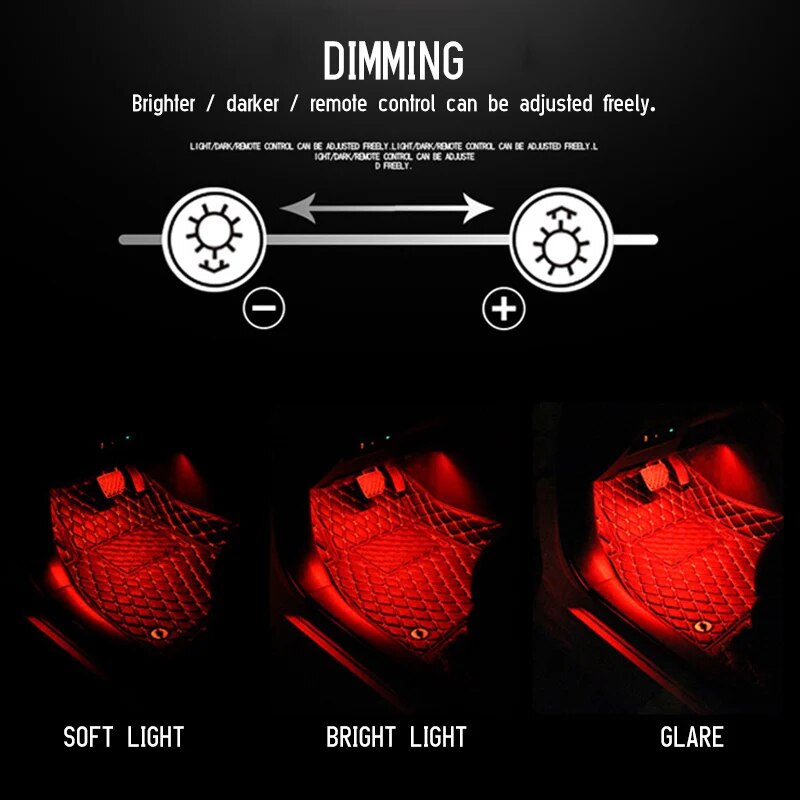 Lumière ambiante LED au pied de voiture avec USB, néon, éclairage d'ambiance, application de contrôle de la musique, RVB, intérieur automatique, lumière décorative, escales