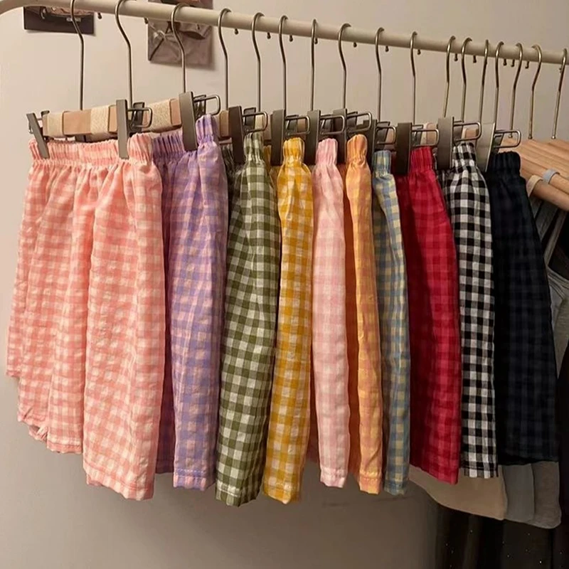 Nowe letnie szorty piżamowe bawełniane damskie szorty damskie spodnie miękkie spodnie w kratę luźne spodnie damskie spodnie od piżamy