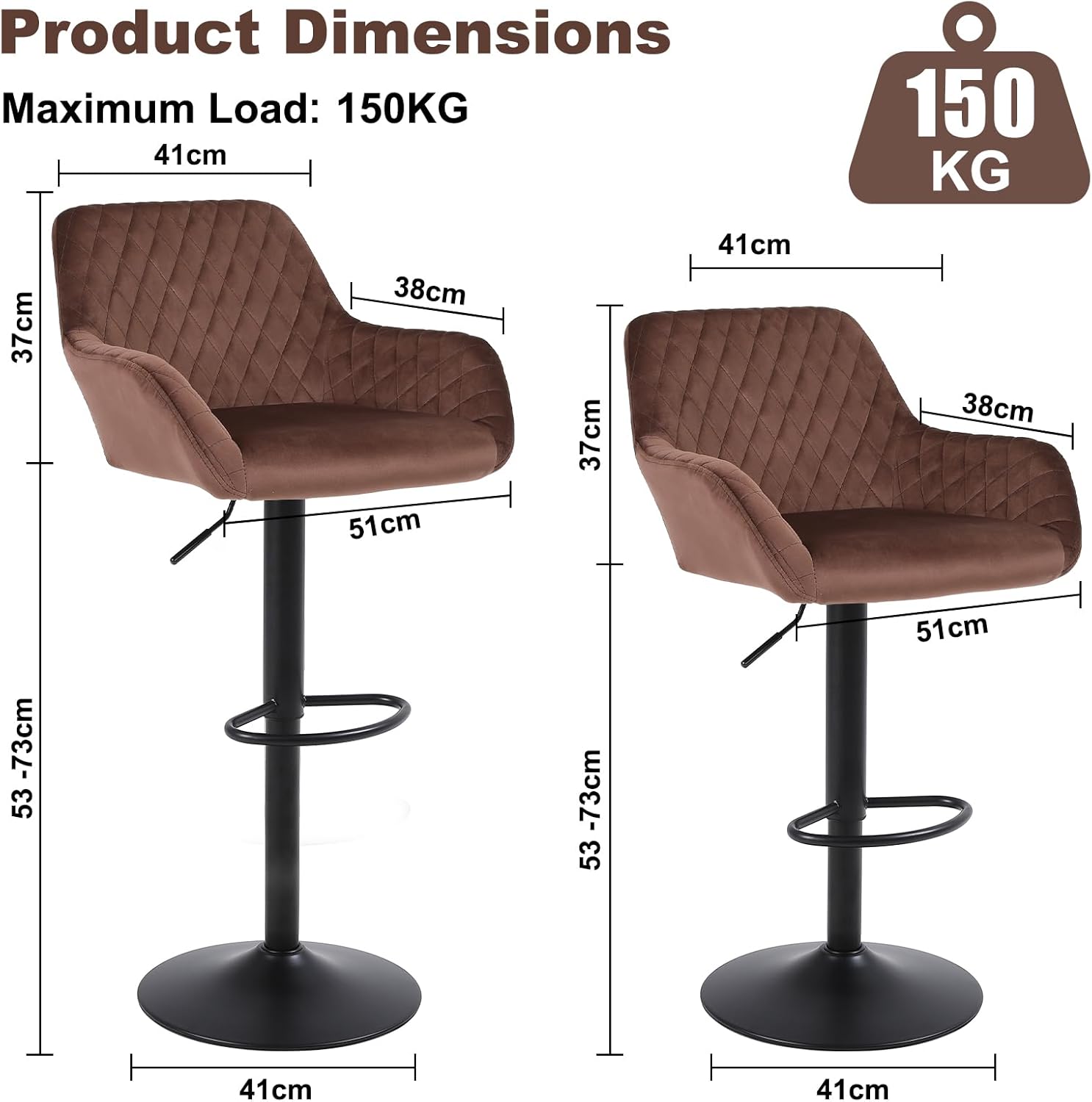 Bar Stools Set of 2, Height Adjustable Velvet Fabric Swivel Barstool Bar Chairs, Breakfast Dining Stools With Backrest