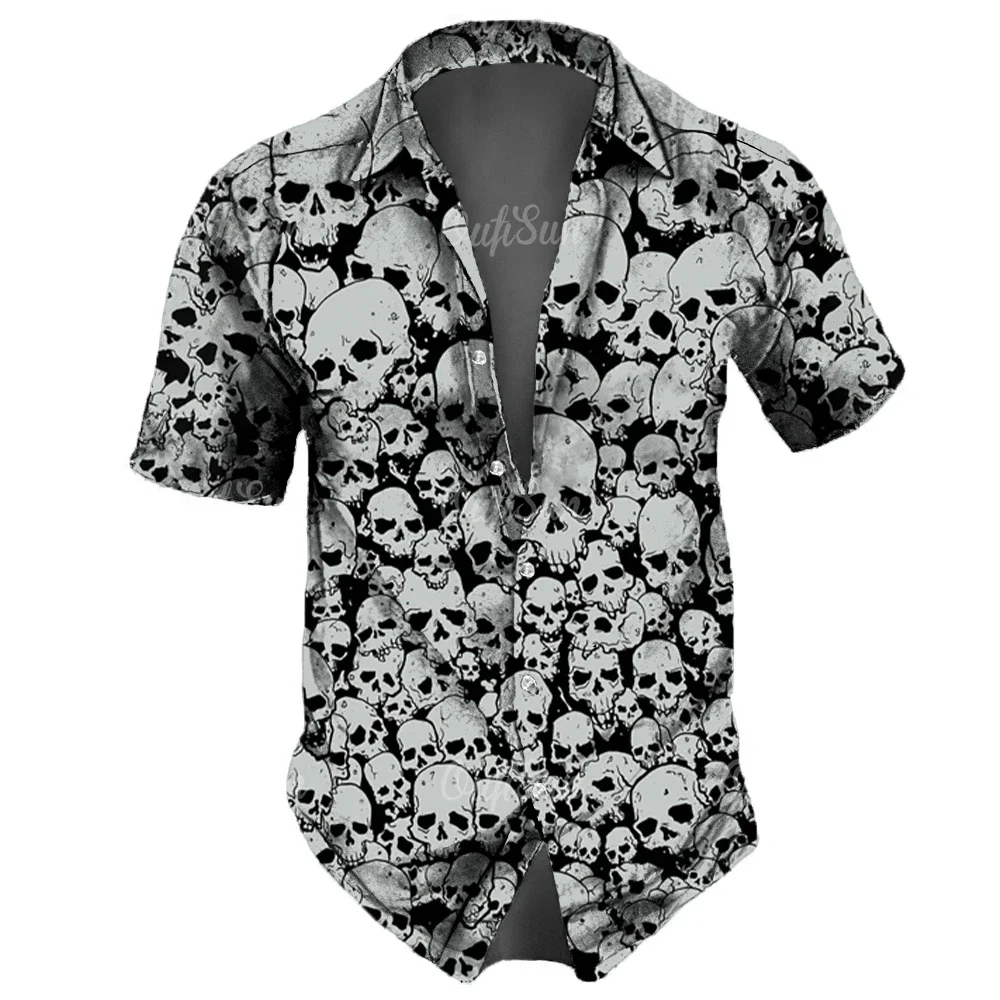 Herren lässig Hawaii Revers 3d Horror Schädel Retro gedruckt Knopf Kurzarmhemd