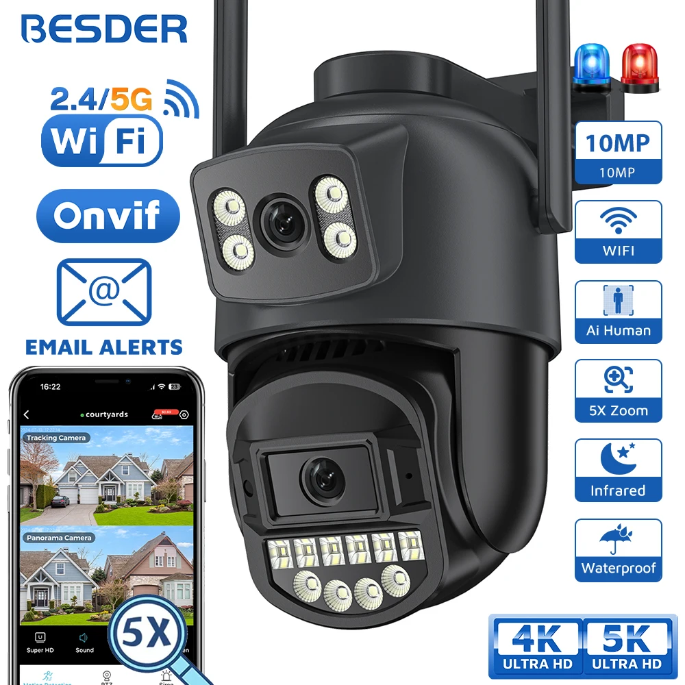 BESDER 5K 10MP Wifi Telecamera PTZ Esterna AI Rilevazione Umana Doppio Schermo 4K 8MP CCTV Telecamera IP di Sicurezza Audio Allarme E-Kam Pro