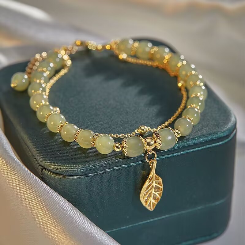 Bracelet en Jade vert de Style chinois pour femmes, couleur or exquise, feuilles, Bracelet à Double chaîne, cadeaux pour filles