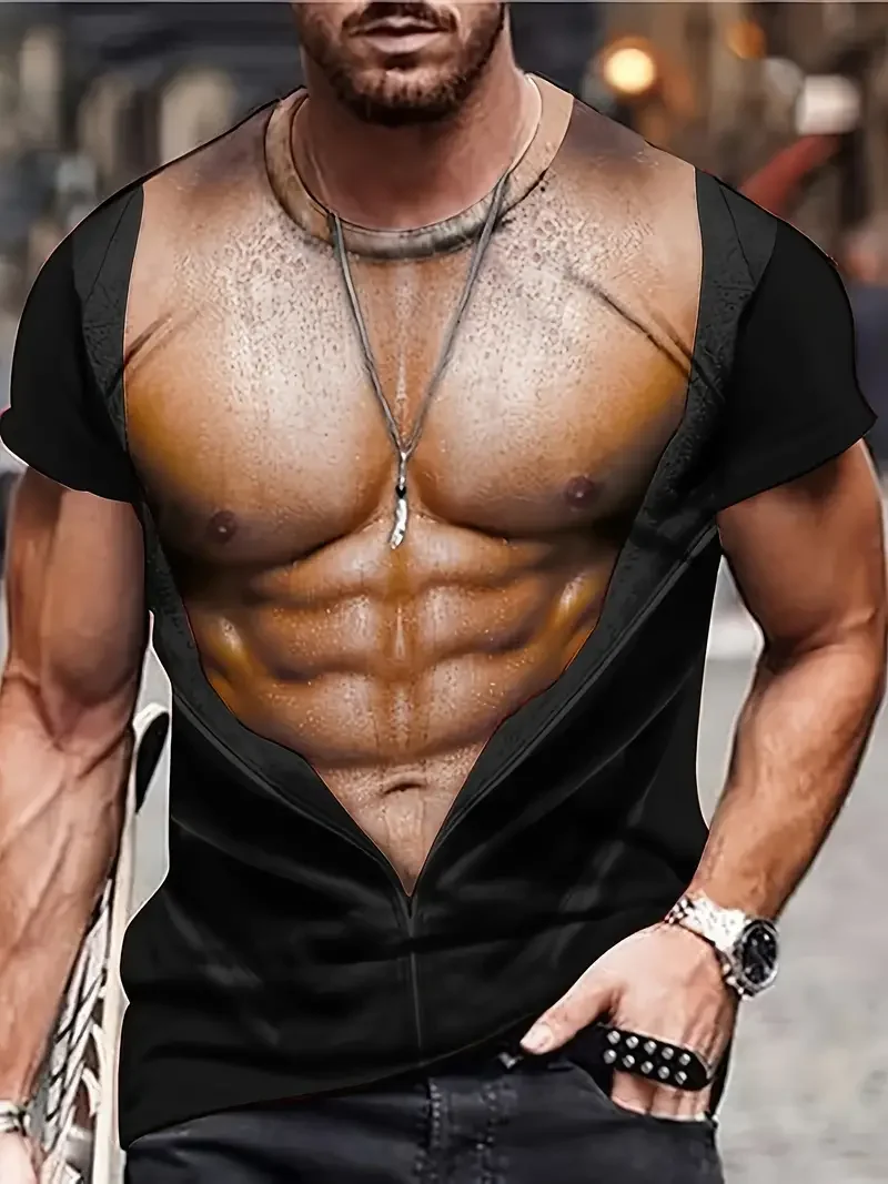 3D デジタル筋肉質の男性の体のパターンクルーネックと半袖 Tシャツ小説とスタイリッシュな夏のトップスアウトドアカジュアルトップス