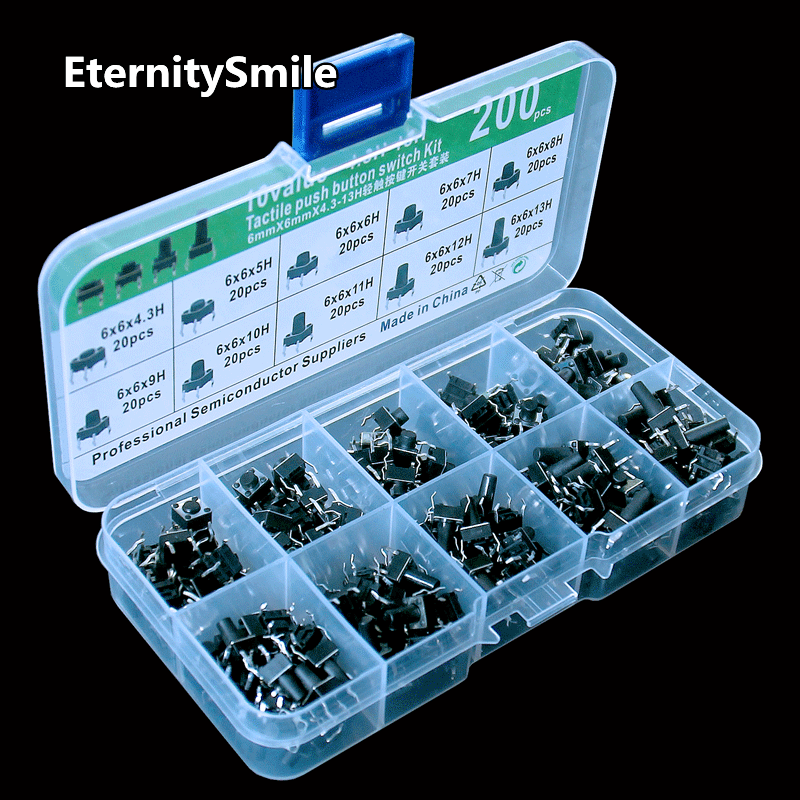 200 Teile/schachtel Tactile Push Button Switch Kit Touch 6*6*4.3/5/6/7/8/9/10/11/12/13 MM Taste 4 Pin DIP Key Micro Schalter Sets