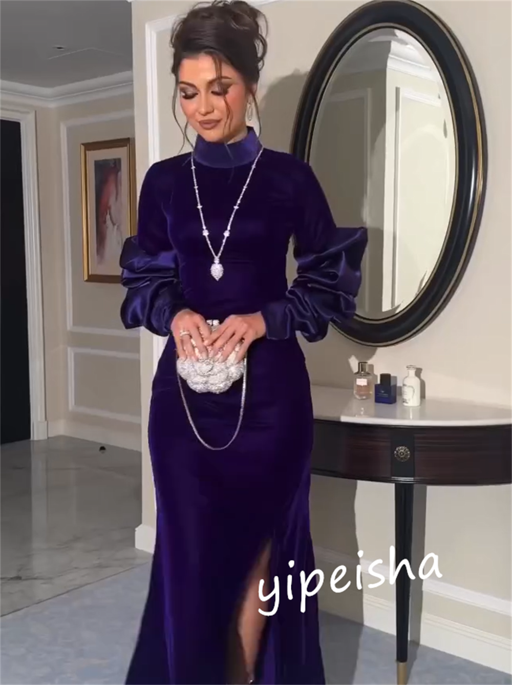 Customized  Saudi Arabia Velour Button Graduation Sheath High Collar Bespoke Occasion Gown Midi es  Dresses