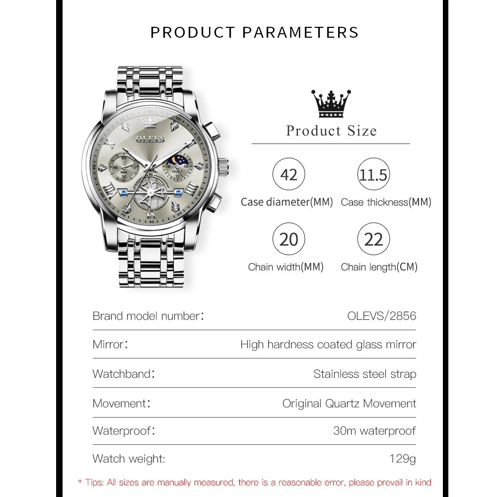 OLEVS 2856 マンウォッチ 24 時間ムーンフェイズクロノグラフ防水発光多機能オリジナル高級クォーツ腕時計男性用
