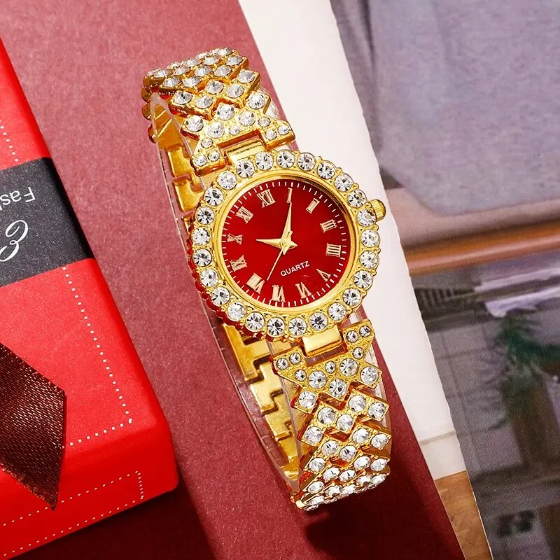 Reloj de lujo dorado para mujer, anillo, collar, pendiente, diamantes de imitación, reloj de pulsera informal para mujer, conjunto de joyería