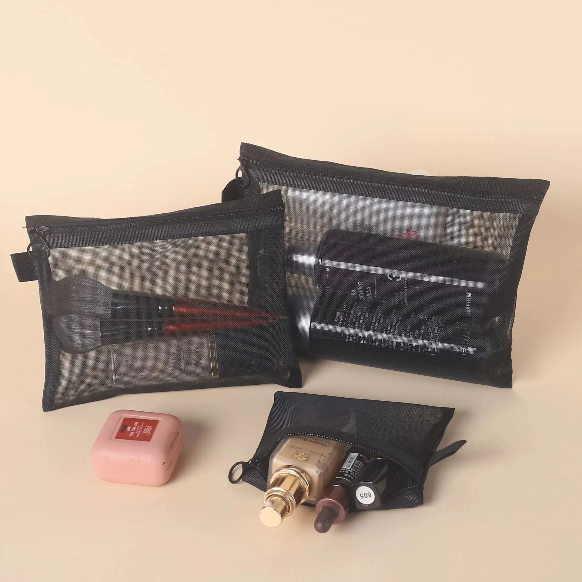 Bolsa de cosméticos de malla, almacenamiento de viaje, bolsa de maquillaje, organizador, bolsa de maquillaje femenina, estuche de belleza de artículos de tocador grande pequeño portátil