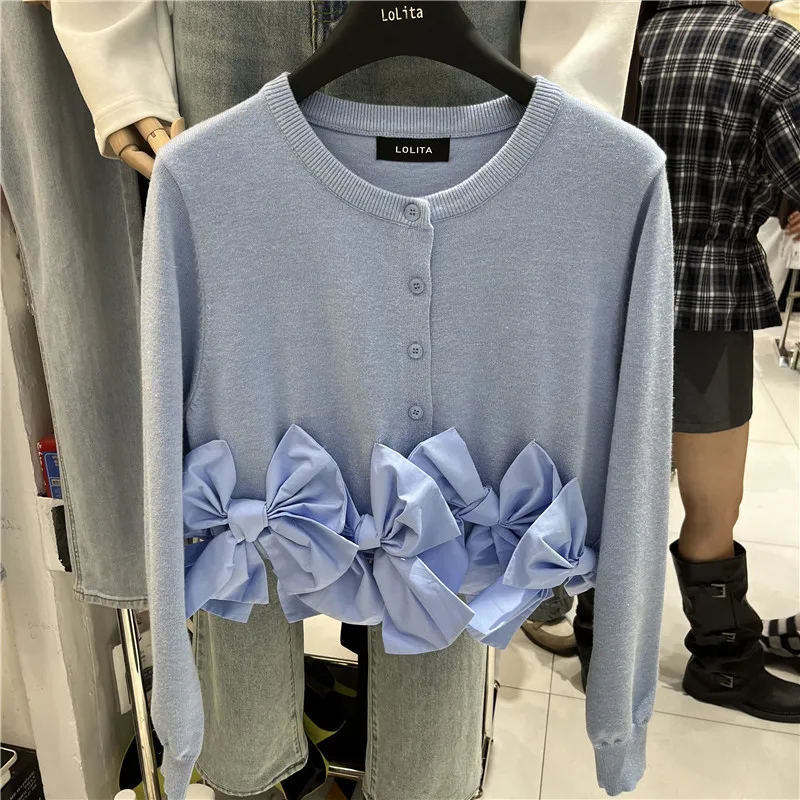 Cardigan Curto Sem Mangas de Estilo Coreano com Decote Redondo e Abertura, Moda Fena com Pesadas Aplicações e Laço de Bor...