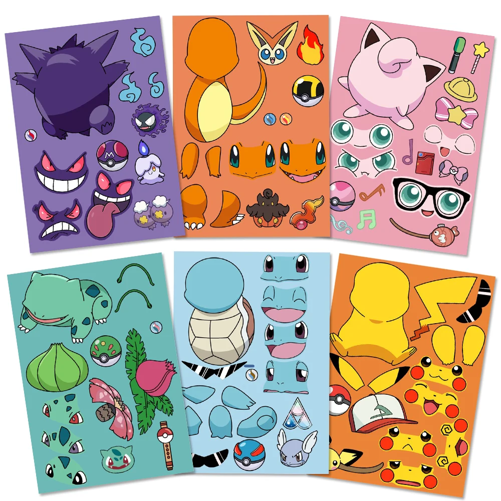 8/16 fogli adesivi puzzle Pikachu Make-a-Face Pokemon assemblare puzzle fai da te adesivo cartone animato per bambini giocattoli educativi per bambini