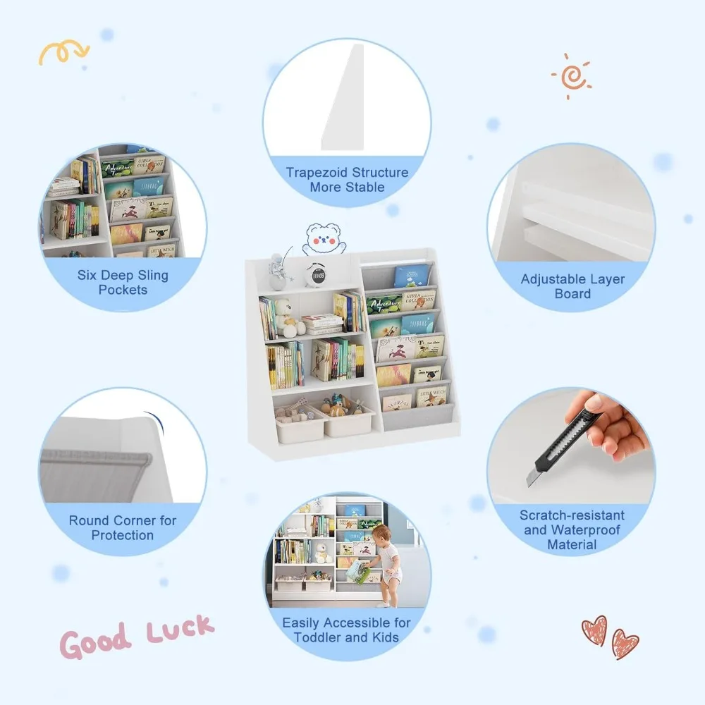 "White Kids Bookshelf, Wooden Toy Storage Organizer Cabinet – Toddler-Friendly Bookcase with Sling Racks & Adjustable Shelves"