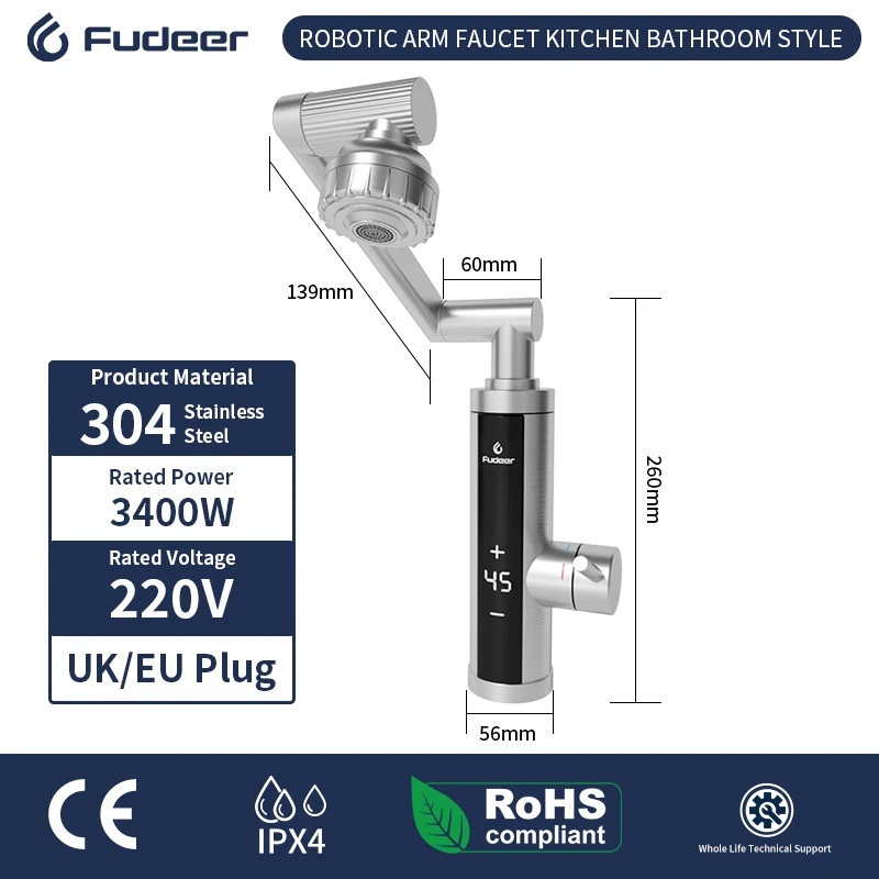 Fudeer 3400W 220V Rubinetto scaldabagno elettrico da cucina Rubinetto istantaneo per acqua calda in acciaio inossidabile Riscaldatore Rubinetto per riscaldamento freddo