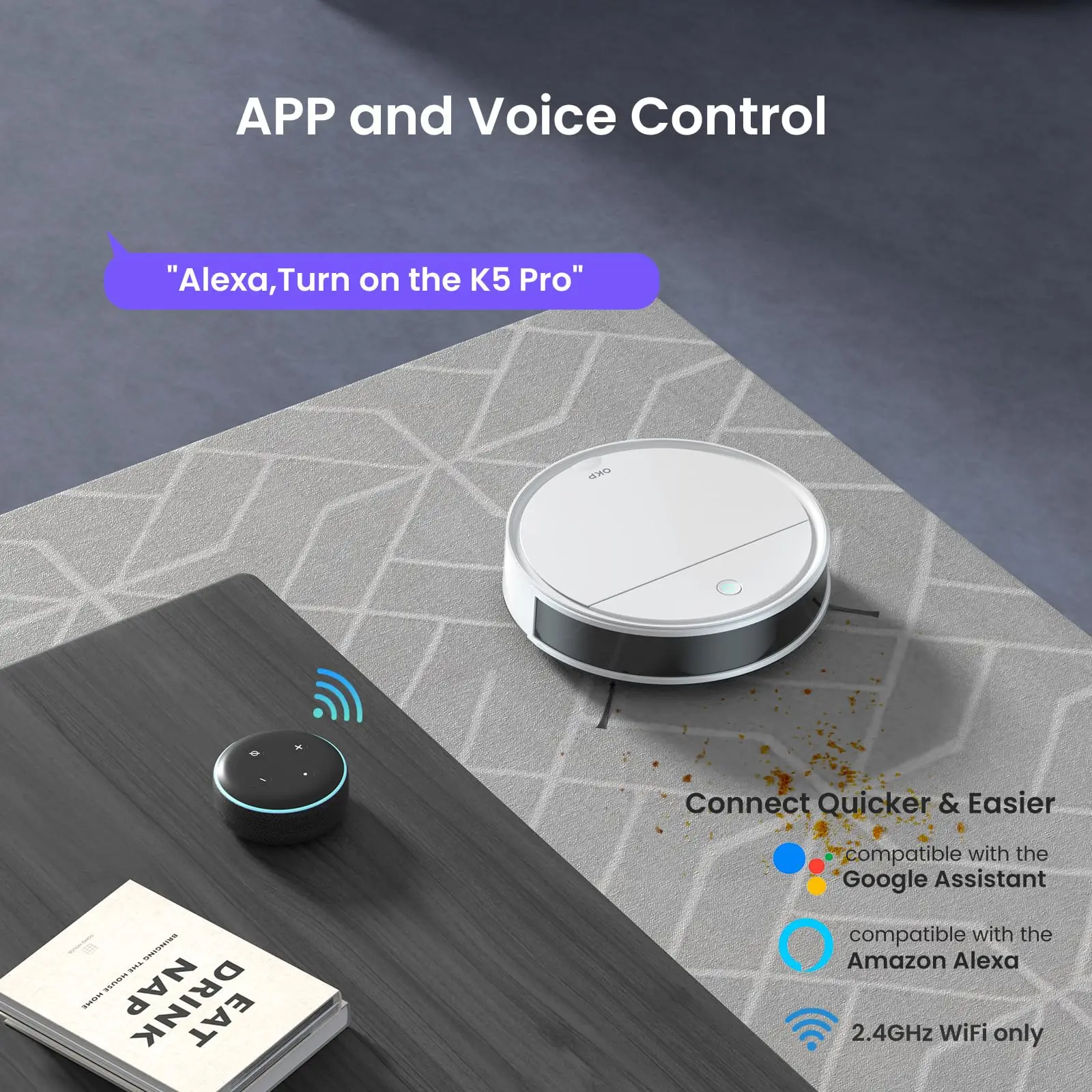OKP K5P Roboter-Staubsauger, 5000 Pa, 180 Minuten, WLAN/App, schlankes Design, selbstaufladend, perfekt für Hartböden, Tierhaare, Teppiche