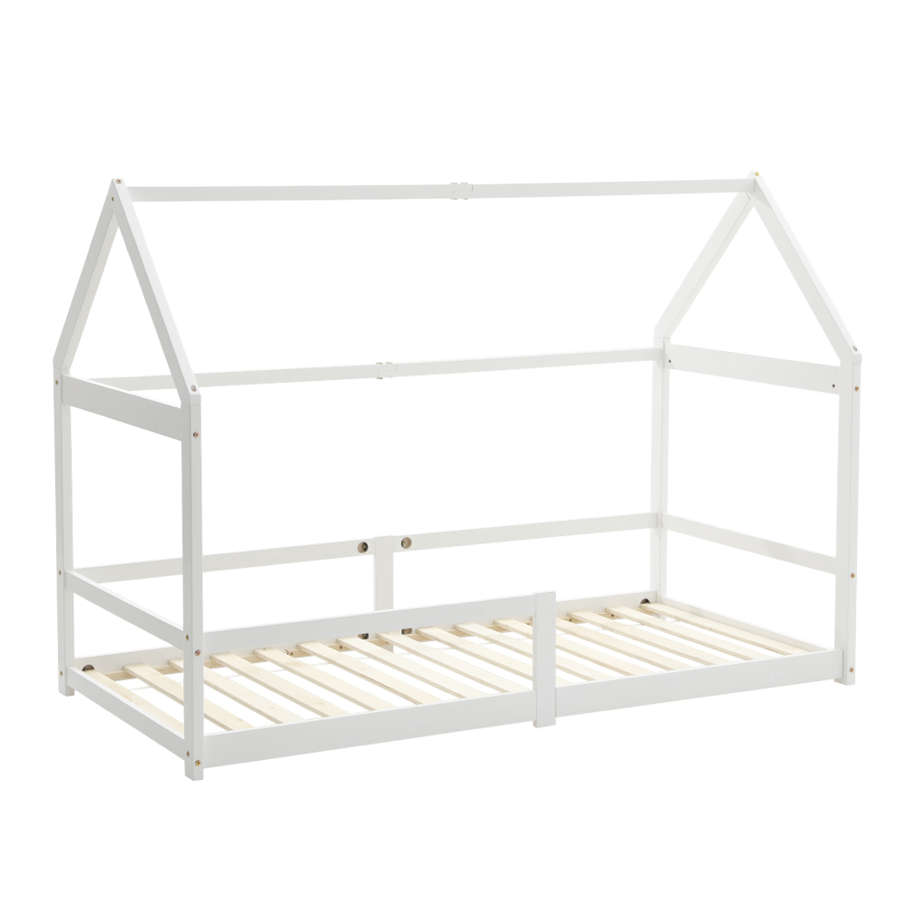 Children's pine wood bed frame low floor bed frame, all-round protective fence children's bed frame, 197cmWx99cmDx142cmH