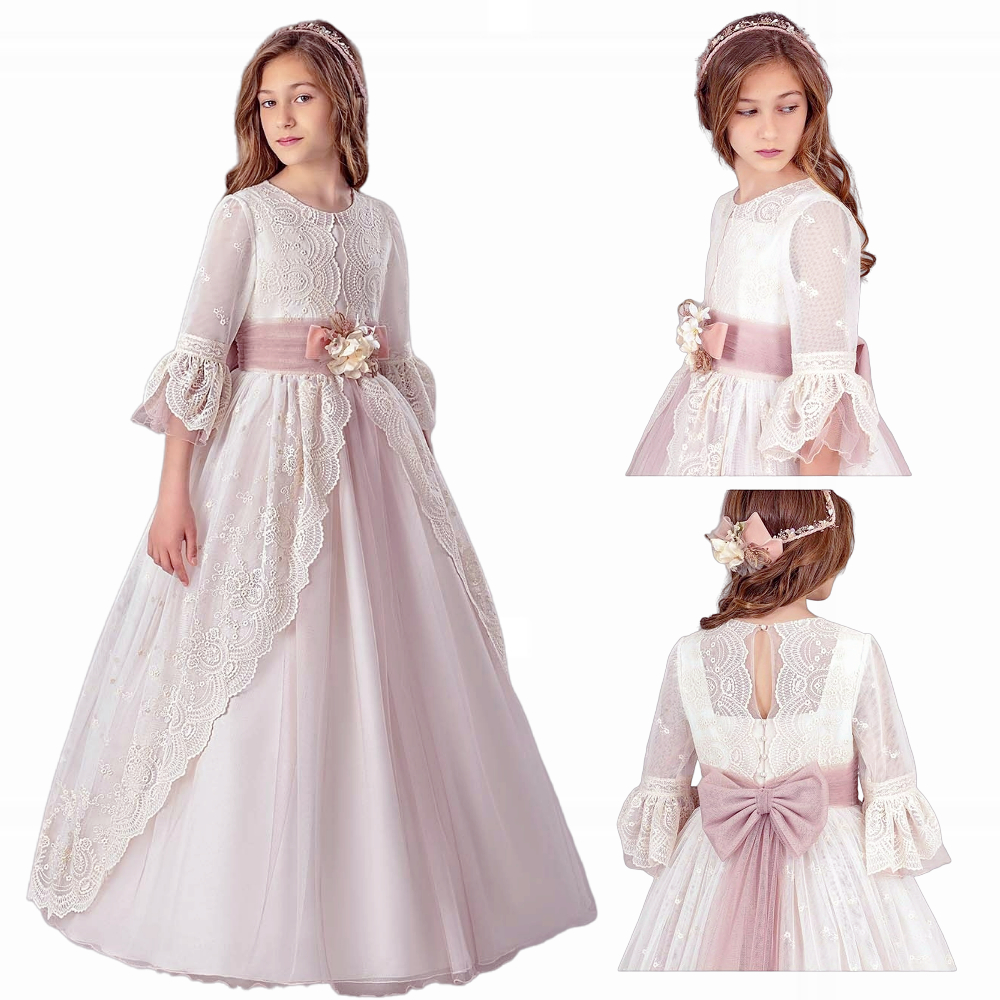Luxuriöses rosafarbenes Blumenmädchenkleid, Brautkleider, Spitze, applizierte Rüschen, geschichteter Tüll, Erstkommunion-Ballkleid