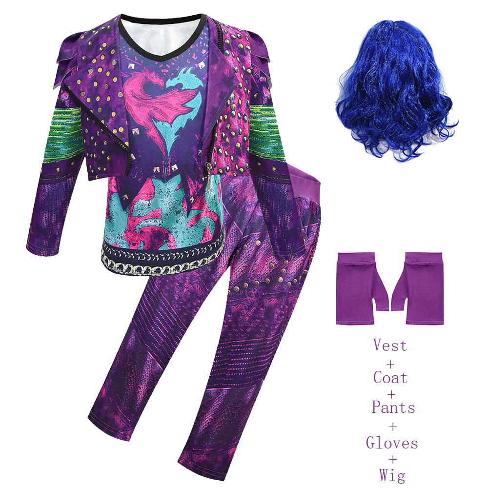 女の子子孫 3 Mal 衣装女の子のためのイーヴィコスプレ衣装子供ファンタジアハロウィン服かつら誕生日パーティーファンシードレス