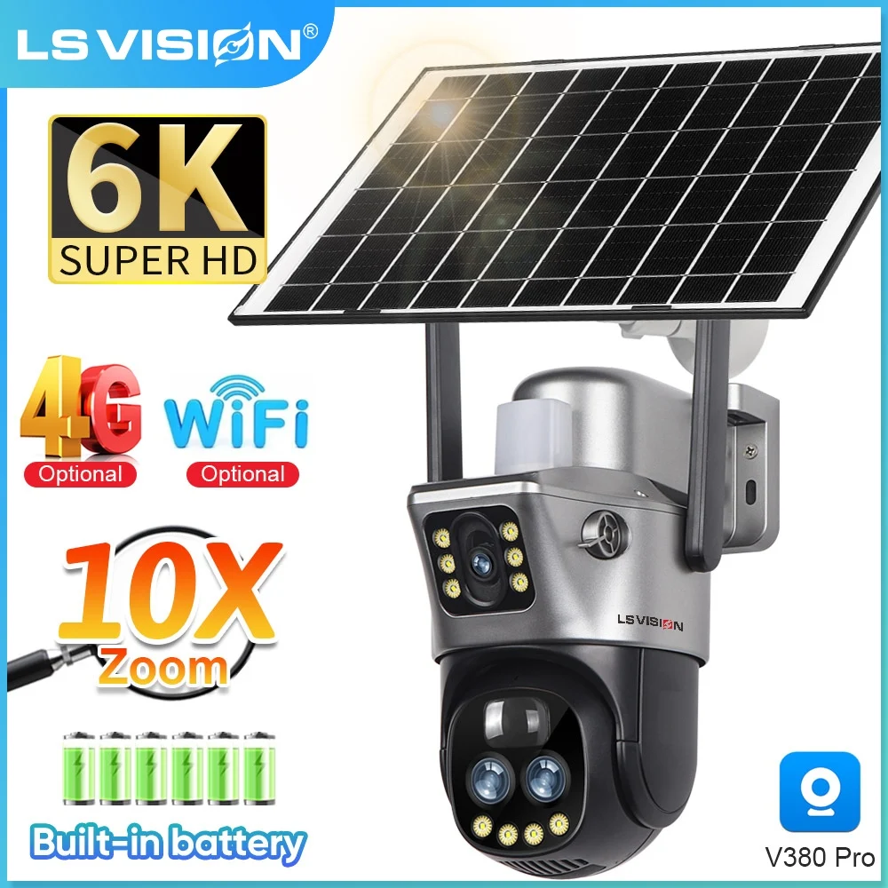 LS VISION 6K 4G Wifi cámara Solar 10x Zoom tres lentes PTZ vigilancia en exterior CCTV IP Camara Ai seguimiento Wifi cámara de seguridad V380