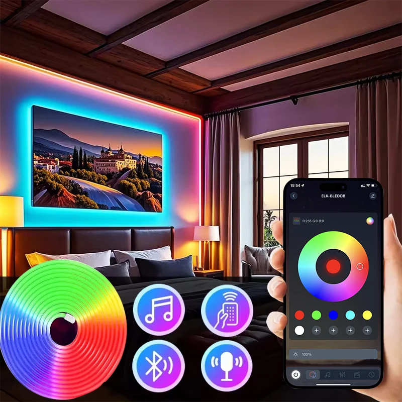 Luz neon RGB 5V com controle remoto Bluetooth e APP, faixa de luz flexível para decoração interna/externa com cores ricas