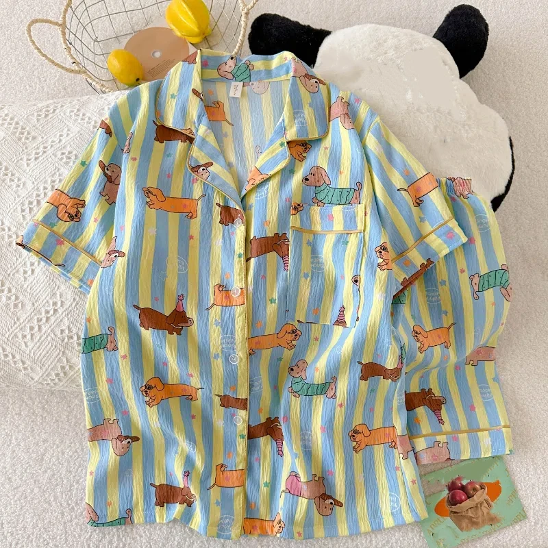 Estrela listrado cão impressão kawaii pijamas para mulher y2k moda lapela pescoço pijamas femininos verão novo doce bonito casa wear mulher