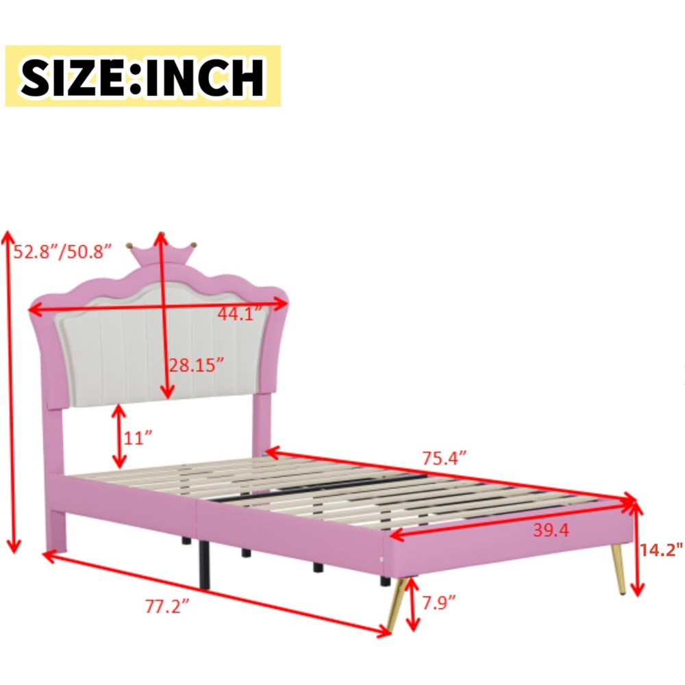 Twin Size Upholstered Bed Frame with LED Lights, Modern Upholstered Princess Bed with Crown Headboard, Pink+White