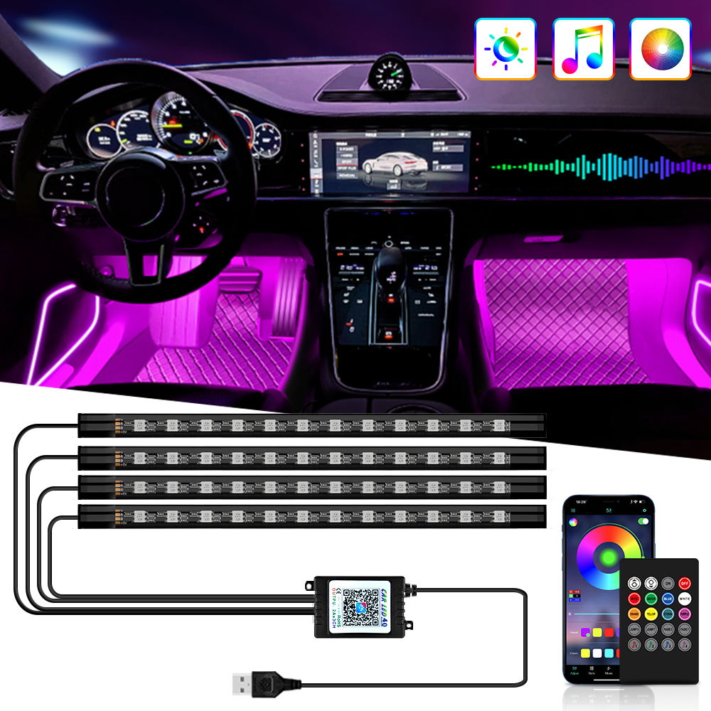 Neón 36 48 72 LED luz ambiental para pies Interior de coche Control remoto inalámbrico por aplicación de música lámpara decorativa de ambiente RGB automática