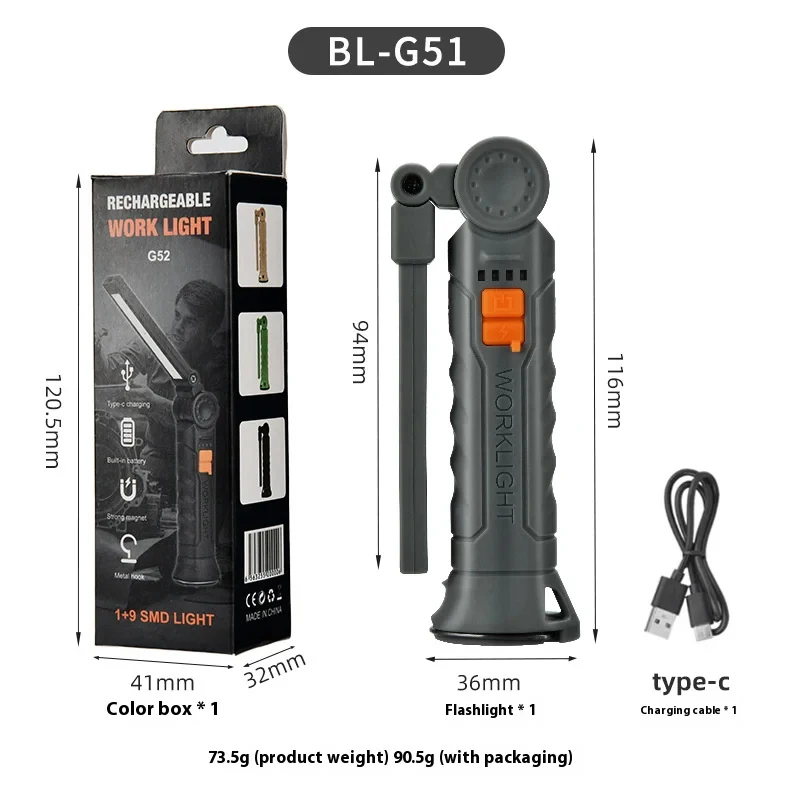 2025 NEW LED Flashlight IP64 Waterproof Rechargeable Camping Work Light Magnet Hook 4 Lighting Modes Suitable For Night Work