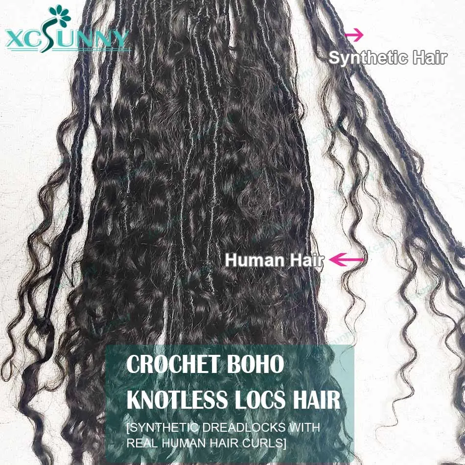โครเชต์ Boho locs กับเส้นผมมนุษย์หยิกก่อน looped โครเชต์ผมหยิกเจอร์รี่ปลายเส้นผมมนุษย์สำหรับผู้หญิงสีดำสังเคราะห์ locs