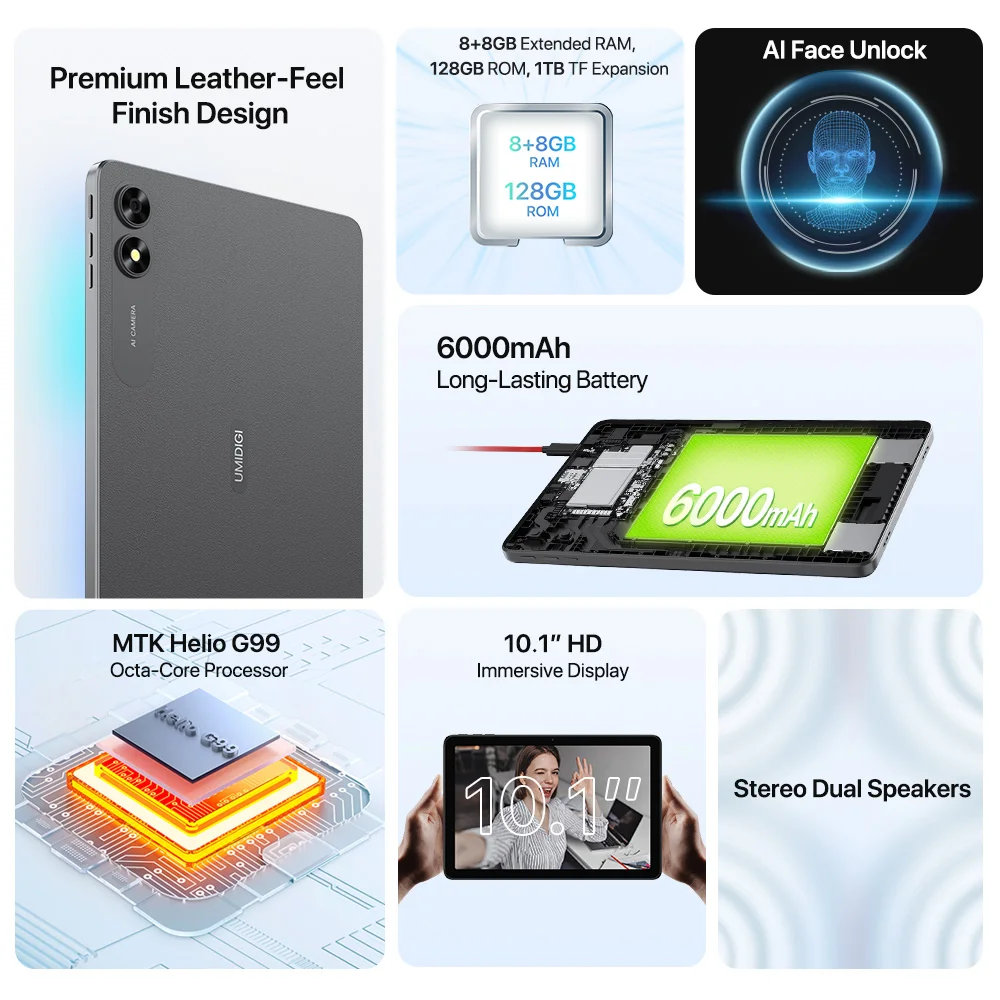 UMIDIGI-G3 Tab Ultra Gaming Tablets, Android 13, 10.1 "HD, MTK G99 Octa-Core, 8GB, 8GB, 128GB, 6000mAh Bateria, Android Dual SIM Card