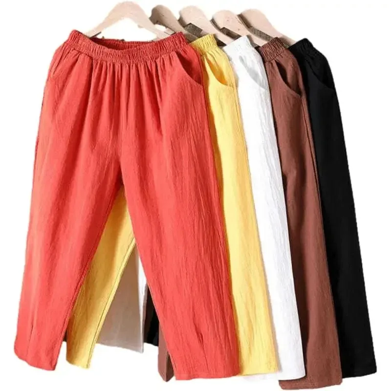 Pantaloni da donna estivi casual larghi Harem in vita elastica in cotone e lino Nono pantaloni