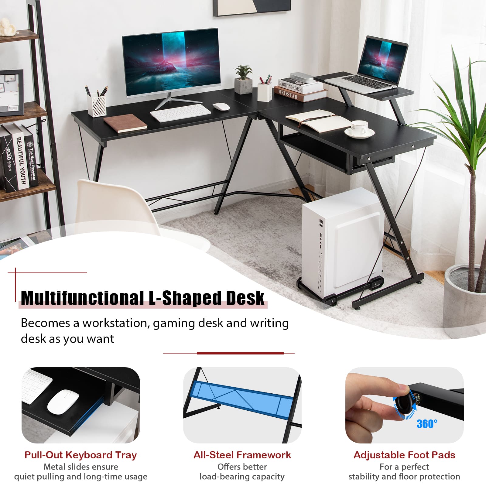 GOFLAME L-Shaped Computer Desk Home Office Corner Workstation w/ Movable Host Stand