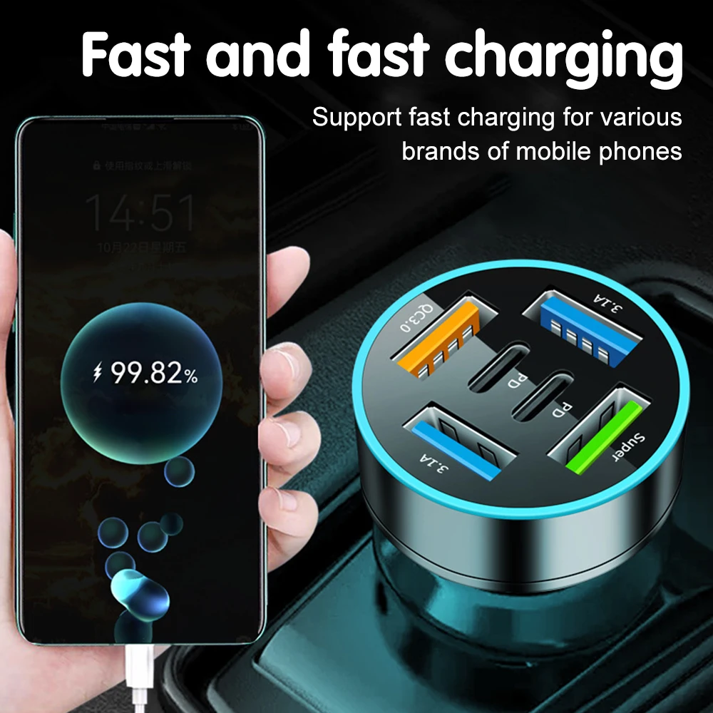 250 W 5 Poorten Autolader Snel Opladen PD QC3.0 USB C Auto Telefoon Oplader Adapter Met Spanning Voor iPhone Samsung Huawei Xiaomi