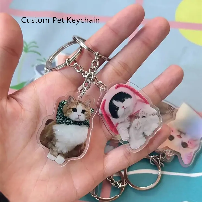 Chaveiro acrílico personalizado com fotos de animais de estimação, chaveiro fofo de gato e cachorro, suporte transparente, adesivo de geladeira para animais de estimação kawaii, chaveiro de animal doce em pé