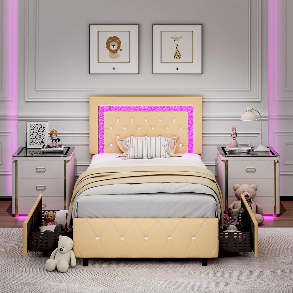 Twin Bed Frame with Storage Drawers & LED Lights, Upholstered Twin Bed with Diamond-Tufted Headboard, Modern Kids Bed for Girls,