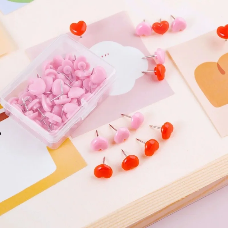 50Pc Ins Pink Creative Heart Peach Heart Small Flat Head Push Pin Soft Wooden Board Photo Wall Map I-nail Office School Supplies