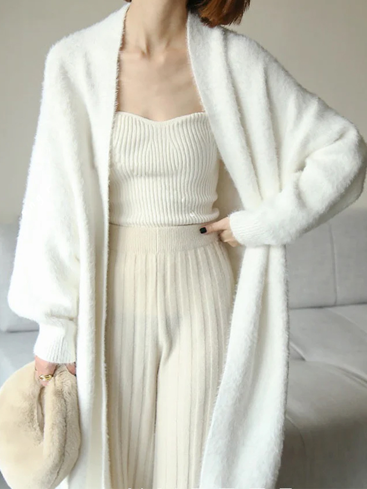 Weiße lange Strickjacke für Damen, Winterkleidung, gestrickt, flauschig, langärmelig, Kaschmirpullover, Mantel, koreanischer Stil, warm, Vintage