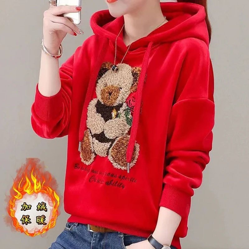 เสื้อสเวตเตอร์มีฮู้ดกำมะหยี่สีทองปักสองด้านสำหรับผู้หญิงเสื้อคลุมหลวม2024ฤดูใบไม้ร่วงฤดูหนาว