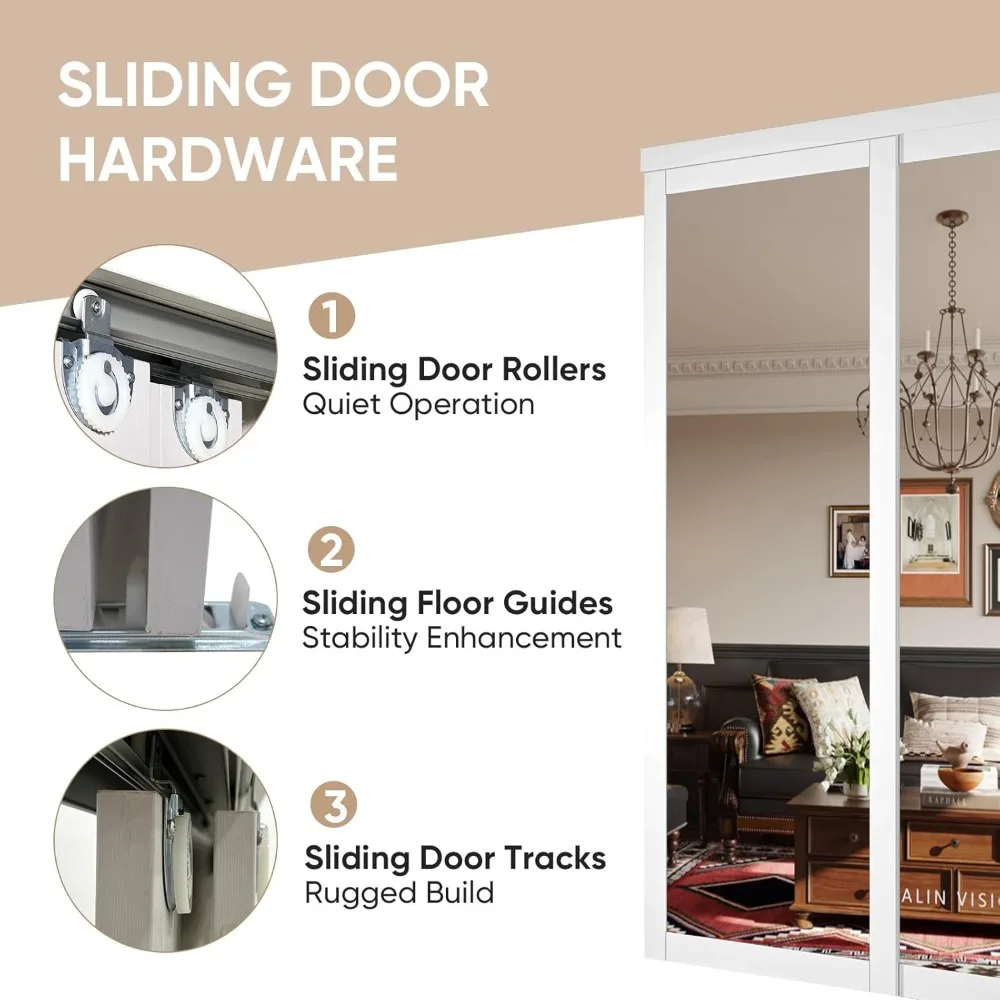 Sliding Closet Door, 48''(Double 25") X 80", 1-Lite Mirror Sliding Door with Hardware Track Kit & Floor Guide, Sliding Door
