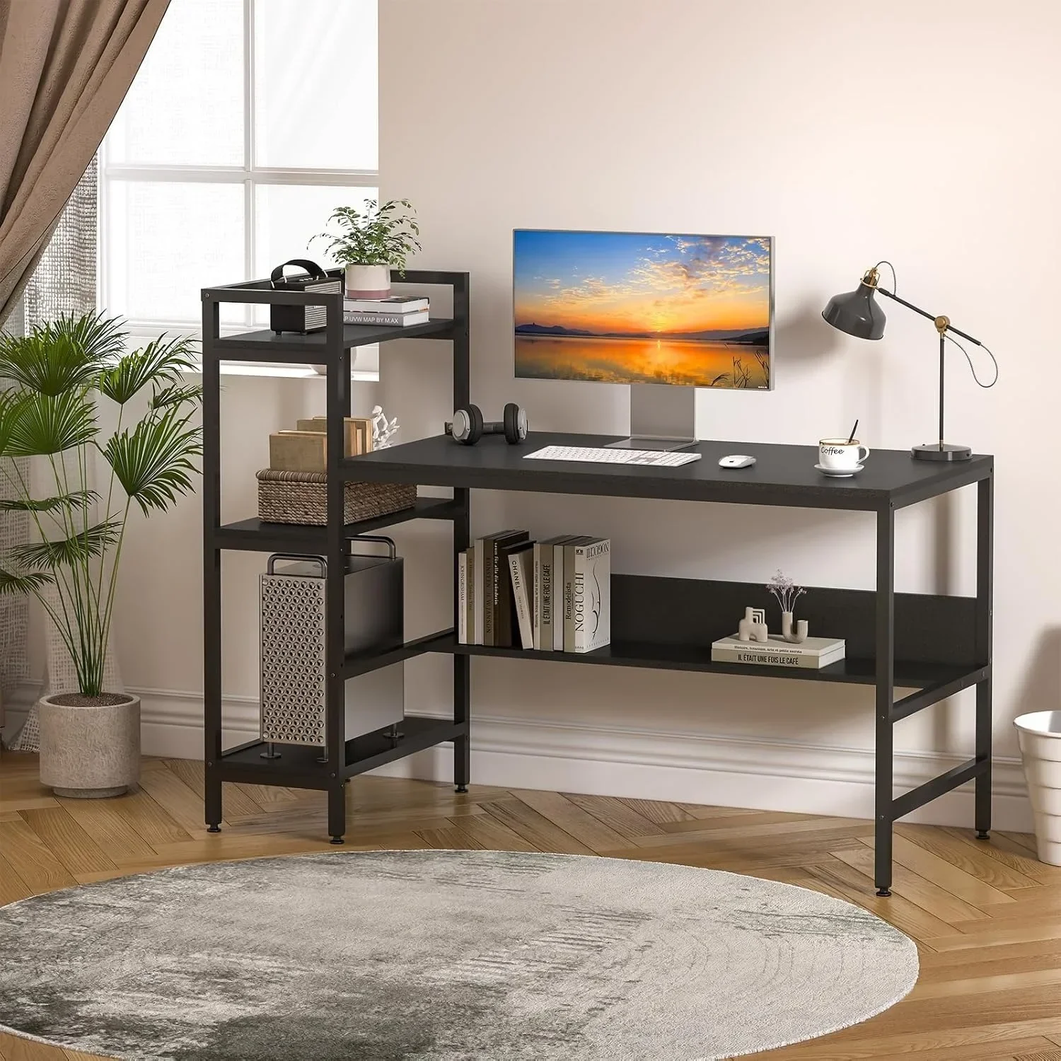 Computer Desk with 4 Tier Storage Shelves - 41.7 Inch Student Study Table with Bookshelf Modern Wood Desk with Steel Frame