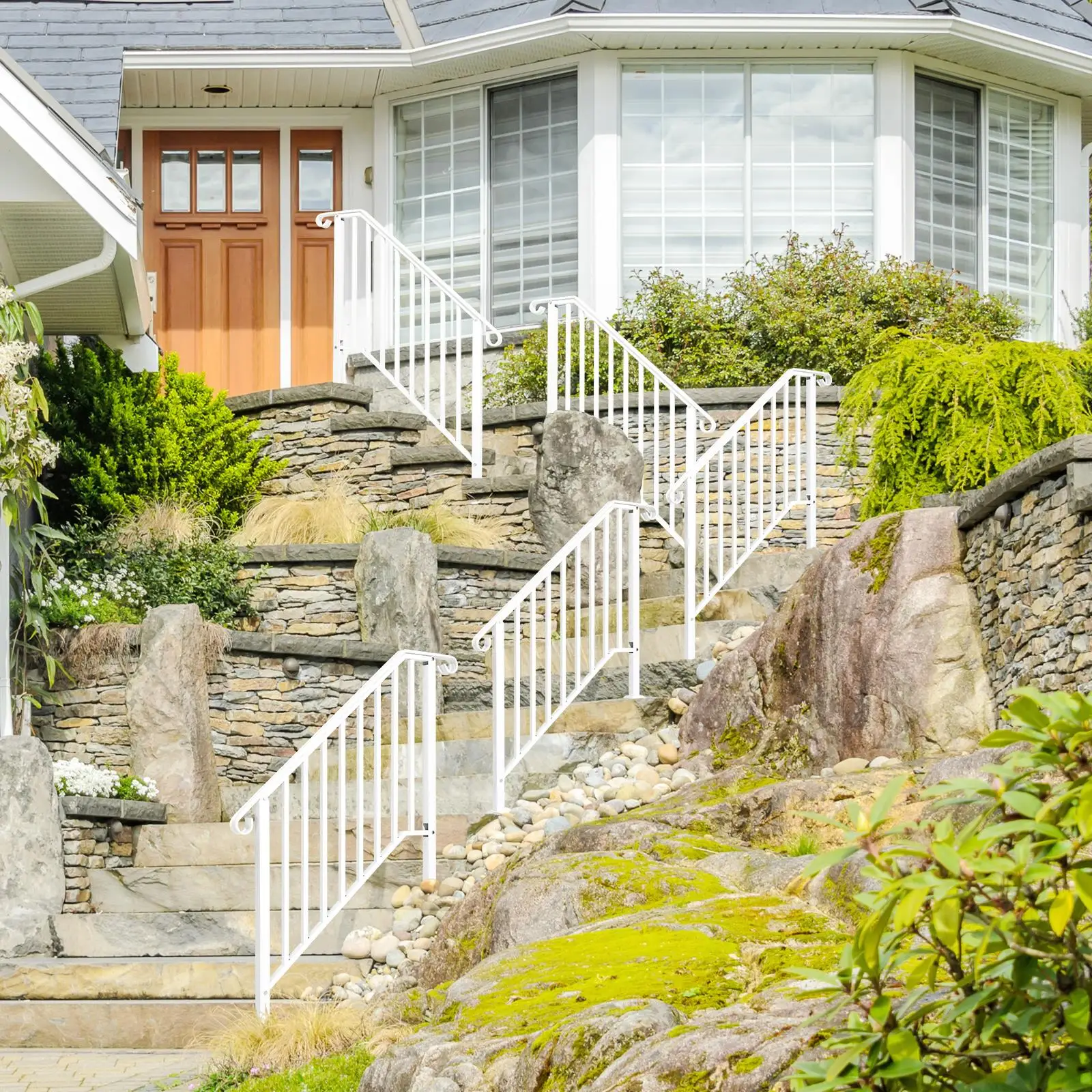 for outdoor Iron Handrail for 3 Steps - Adjustable Handrail with Installation Kit, White Transitional Design