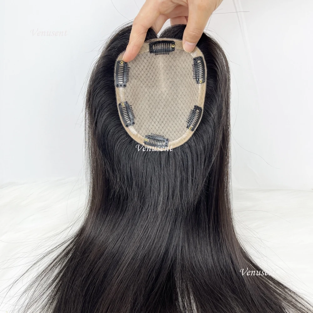 14 × 16 センチメートルストレートヘアトッパー女性のためのスキンシルクベースバージン人毛ピースカバー通気性シルクトップかつらクリップで