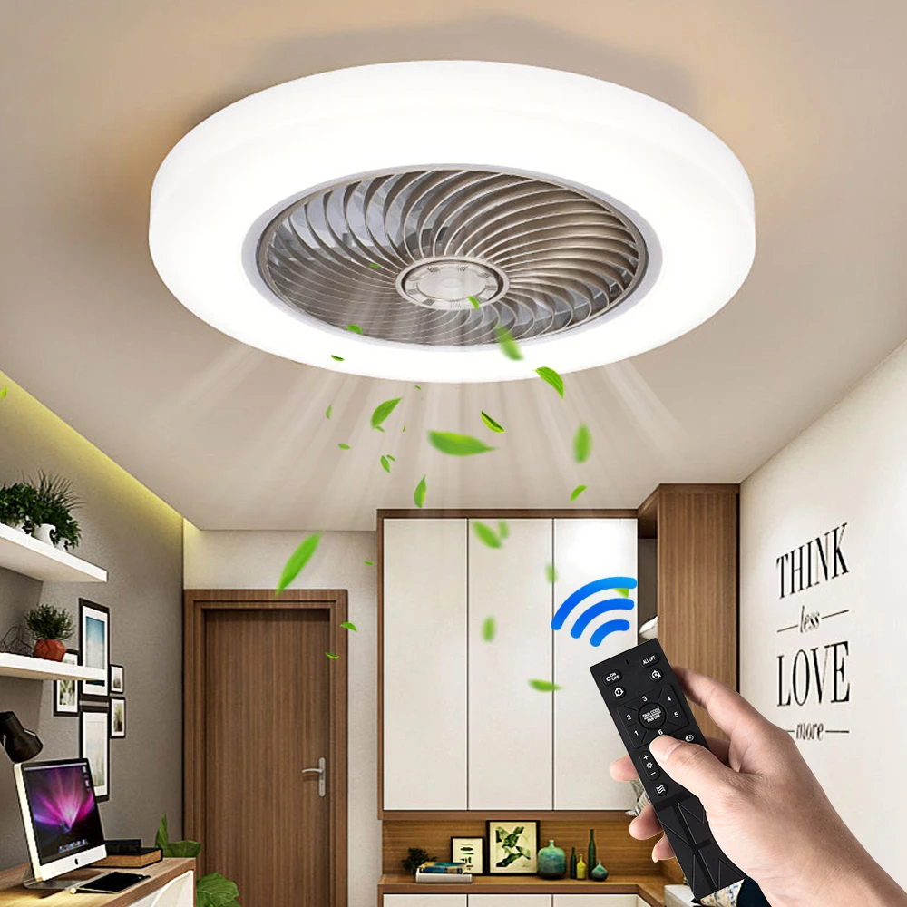 Ventilatori da soffitto intelligenti con luci Telecomando Decorazioni per la camera da letto Lampada da ventilatore Lame invisibili dell'aria da 52 cm Silenzioso