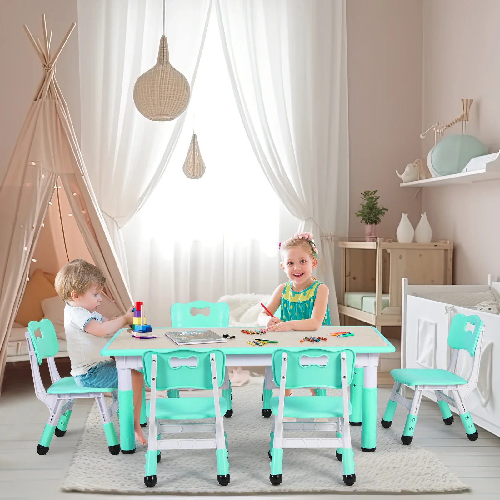 Table rectangulaire pour enfants avec 6 chaises, réglable, multi-activités, bureau d'art et d'artisanat, recommandé pour les filles de 2 à 10 ans
