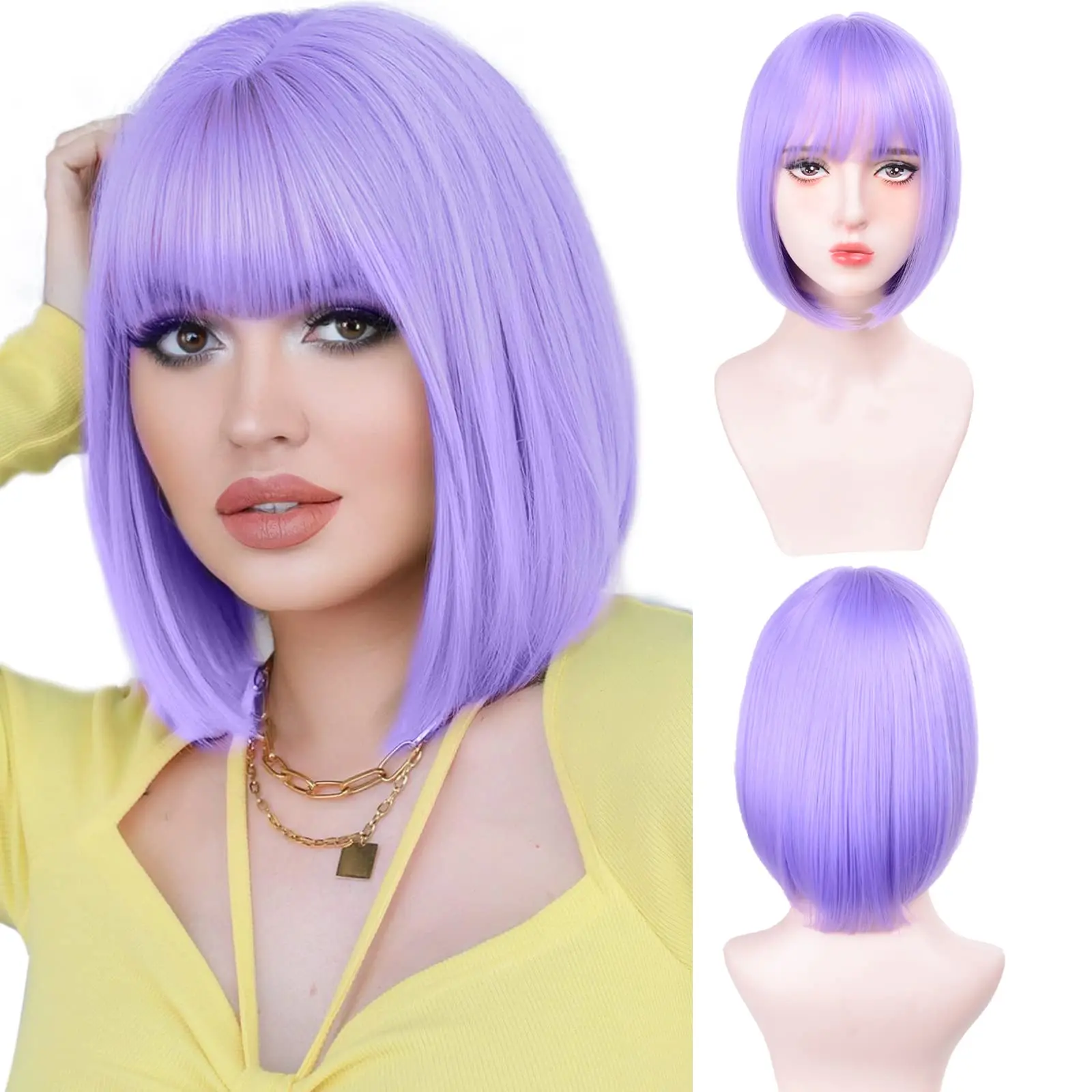 Peruca sintética de penteado bob curto e roxo claro para festa de Halloween peruca cosplay, conjunto de peruca de acessório de cabelo de alta temperatura diária