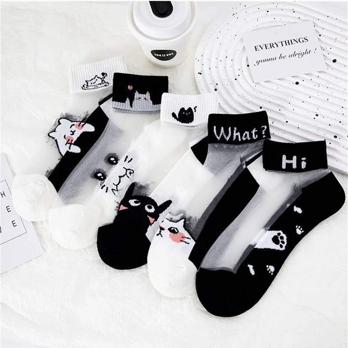 5 par/lote calcetines de verano calcetines femeninos transpirables de seda de cristal de gato blanco y negro calcetines cortos simples