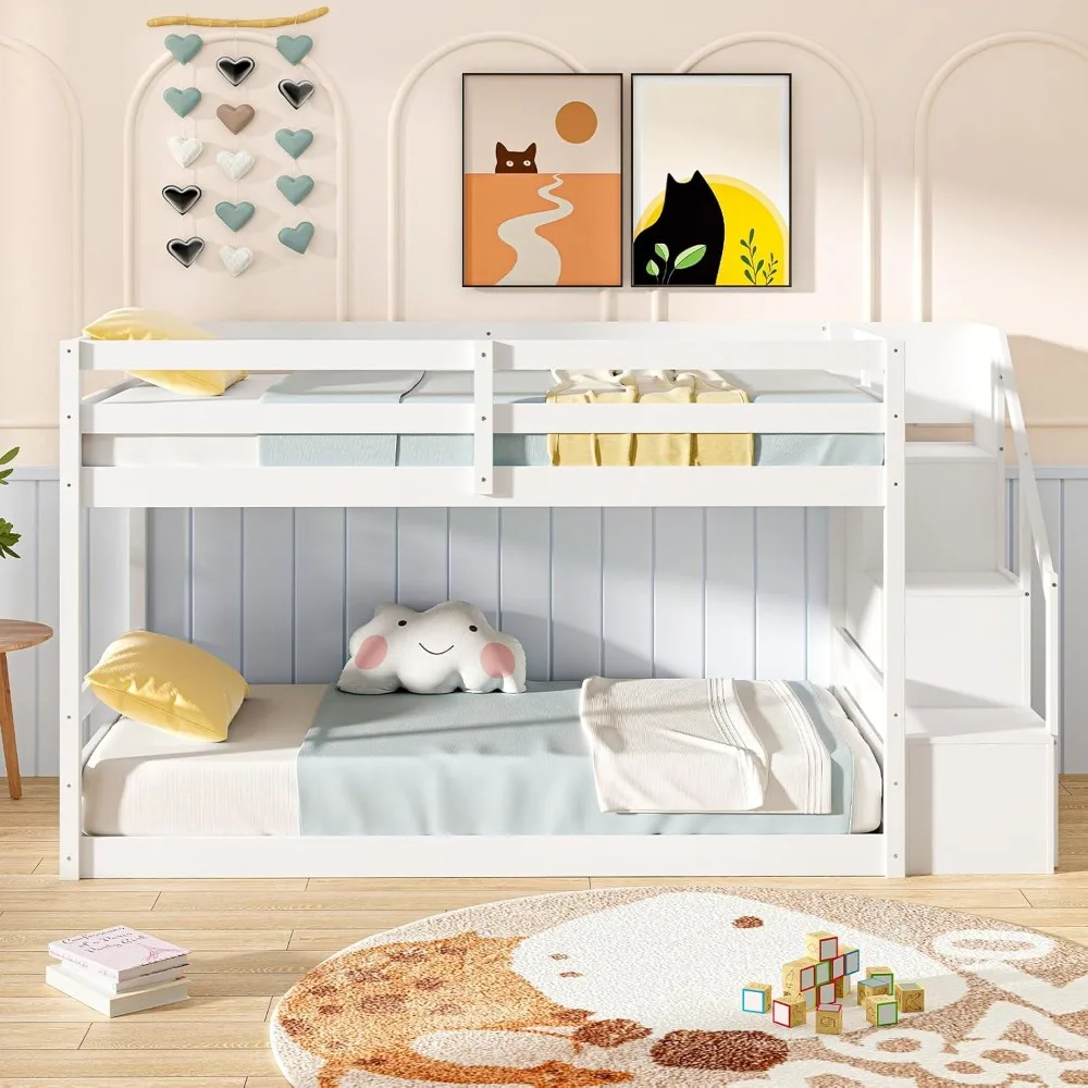 Twin Over Twin Bunk Bed with Stairs, Solid Wood Floor Bunk Bed with Storage Staircase & Full-Length Guardrails,