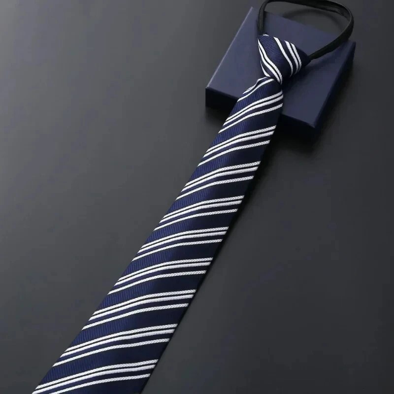 Camisa elegante a rayas azules y negras para hombre, vestido de negocios con cuello con cremallera, corbatas perezosas, accesorios para trajes, novio de boda