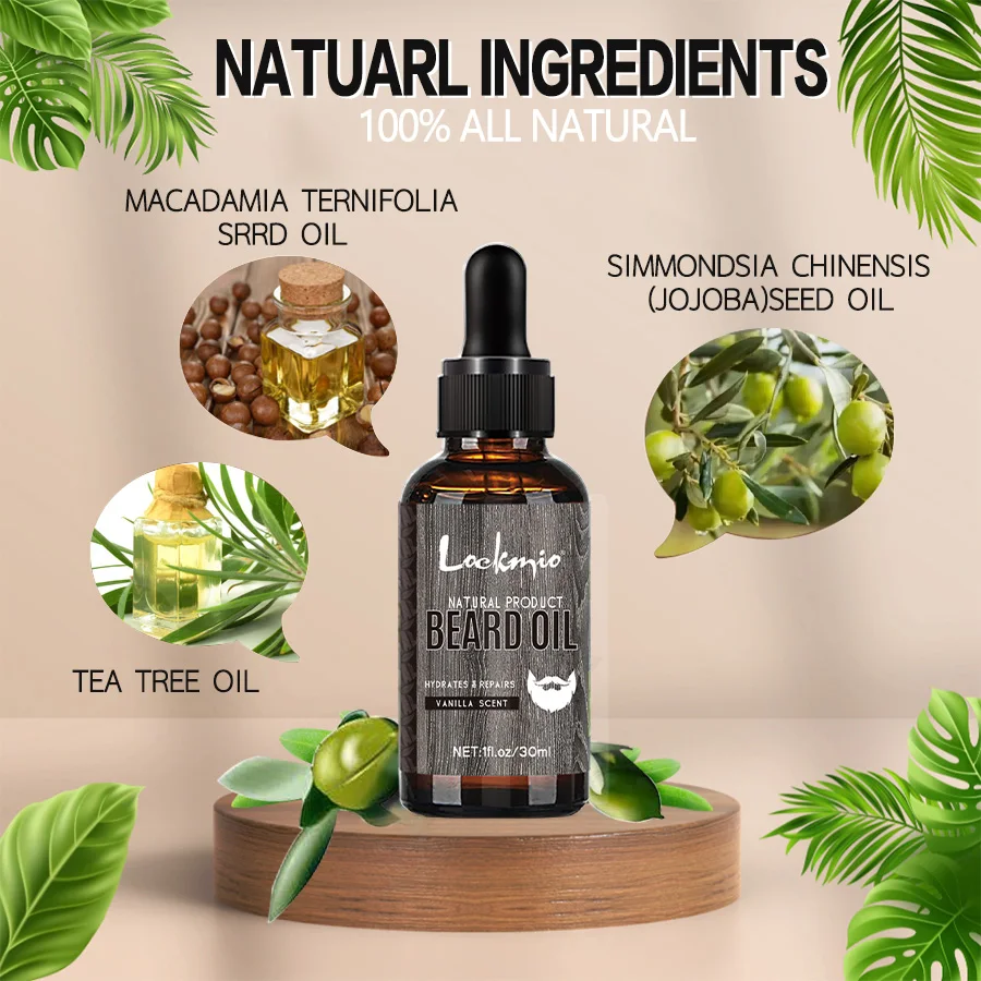 LOCKMIO naturalny olejek do brody dla mężczyzn zapach waniliowy nawilża naprawia wzrost korzeni brody pełniejsza grubsza pielęgnacja stylizacji