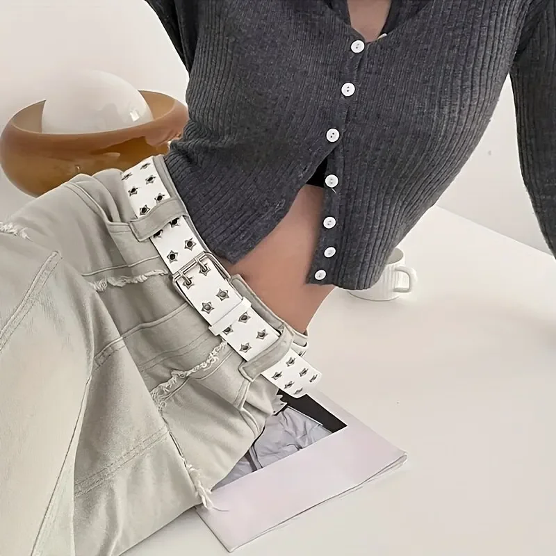 Nowy pasek z nitami w kształcie gwiazdy w stylu gotyckim Podwójna klamra męska / damska Moda Casual Punk Style Pu Leather Waistband for Jeans Y2K Belt